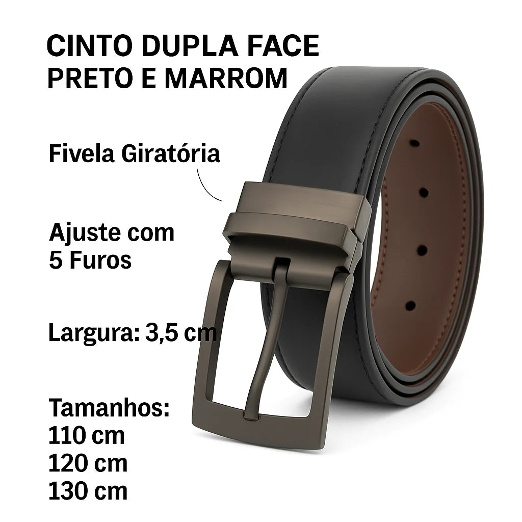 Cinto Masculino de Couro - Dupla Face com Fivela Giratória